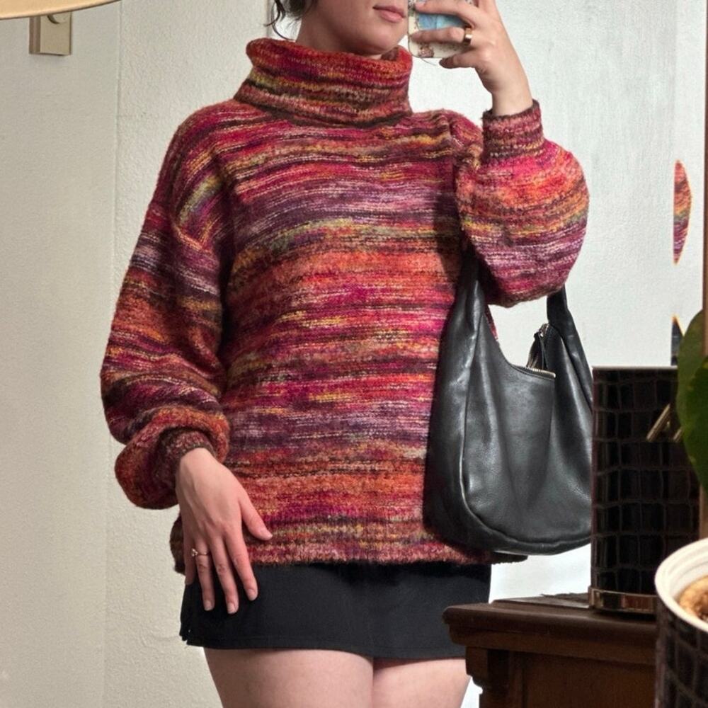 Peruvian Connection M Baby Alpaca Wool Funnel Neck Oversized Sweater Multicolor